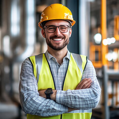 Portrait of factory worker. Young handsome factory worker.