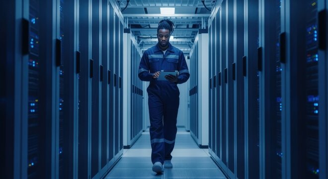Black it specialist is walking in data center and controlling server cabinets using tablet computer, big data processing and cloud computing, digital technologies concept