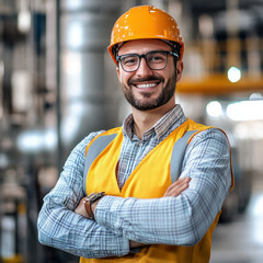 Portrait of factory worker. Young handsome factory worker.