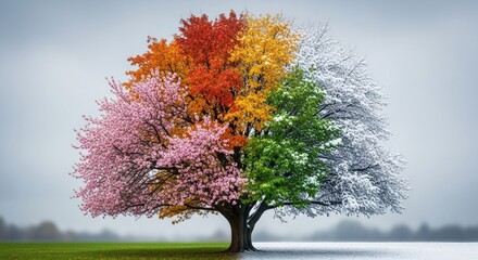 Tree displaying all four seasons simultaneously, symbolizing nature's cycle, environmental beauty, and the passage of time.

