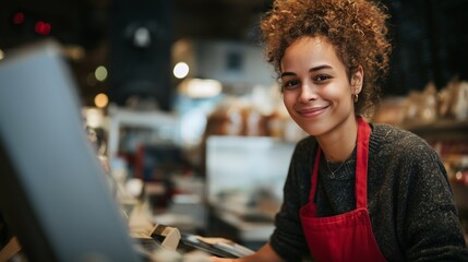 Smiling barista in a red apron at a cozy coffee shop counter, creating a welcoming atmosphere with her warm presence.
