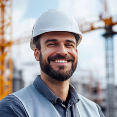Portrait of factory worker. Young handsome factory worker.
