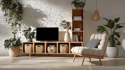 Fototapeta premium Cozy Scandinavian Living Room with Minimalist Television Cabinet, Shelving, and Comfortable Armchair