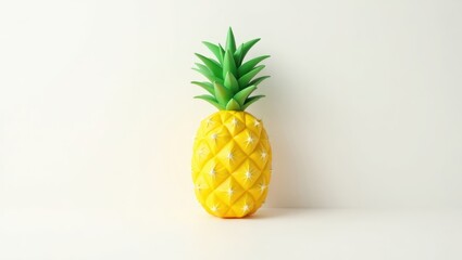 Yellow pineapple with green leaves against a white background.