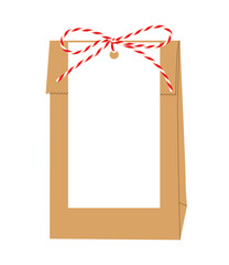 Gift paper kraft gift bag with white frame, tag tied up with cotton striped red rope bakers twine bow, ribbons for Christmas, New Year. Hand drawn flat vector isolated on transparent backgraund EPS