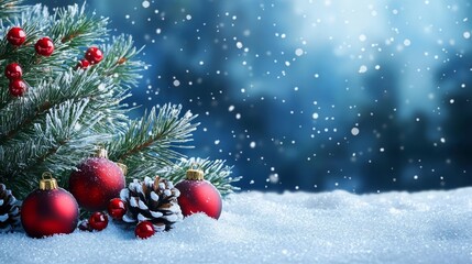 Cozy holiday backdrop with a snowy fir tree, Christmas decorations, and gentle winter snow.