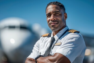 Confident African American pilot standing in front of commercial airplane outdoors