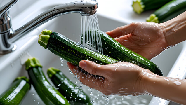 Healthy Food Zucchinis being washed in hand under a stream of water, isolated on a white background, showcasing fresh vegetable cleaning (2)