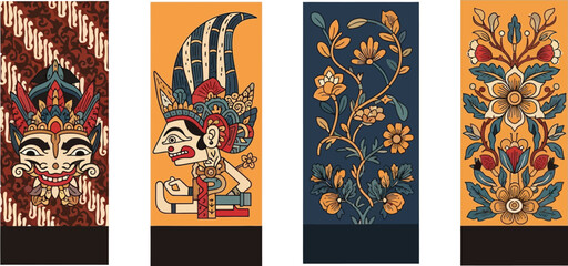 Four vertical panels showcasing Indonesian Wayang kulit shadow puppetry figures, floral designs, and batik-style patterns.