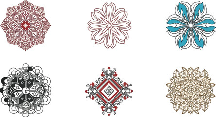 Collection of six intricate, symmetrical floral and geometric mandala designs in various colors.