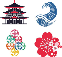A graphic illustration featuring a pagoda, wave, floral design, and circular patterns, evoking Japanese culture.