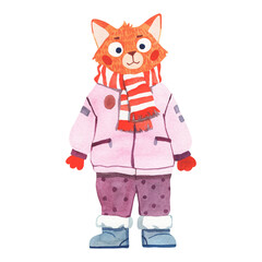 Watercolor illustration of a fox in warm clothes. Illustration on the theme of autumn and winter for stickers, notebooks, posters.