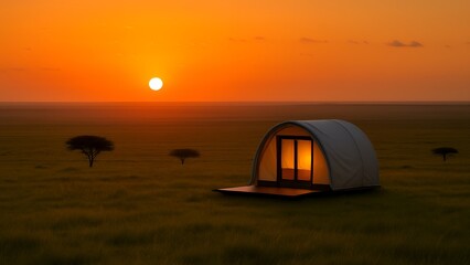 Sunset Over Grassy Plain with Small Tent nature photo 