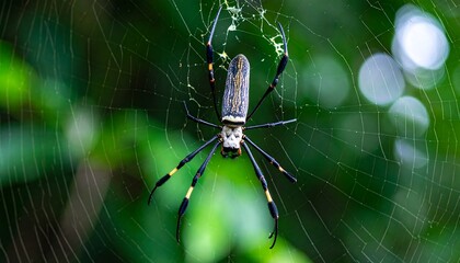 Spider on its web, forest backdrop