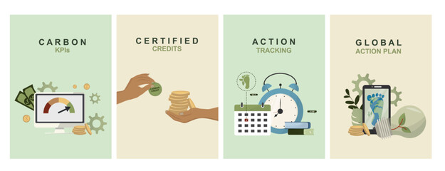Four-panel sustainability infographic showing carbon KPIs dashboard, certified credits trading, action tracking systems, and global environmental action planning.  Flat style. Vector illustration