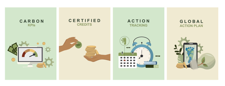 Four-panel sustainability infographic showing carbon KPIs dashboard, certified credits trading, action tracking systems, and global environmental action planning.  Flat style. Vector illustration