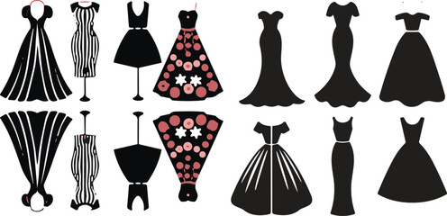 Dress silhouette vector set—twelve varied styles including floral, striped, and black designs for fashion editorial, mockups, and branding visuals