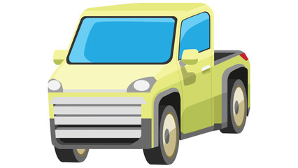 Cartoon vector perspective view of mini pickup car yellow color. On isolated white background.