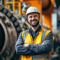 Portrait of factory worker. Young handsome factory worker.