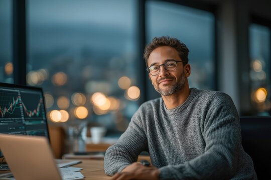 Confident financial professional analyzing stock market data in modern office - Powered by Adobe