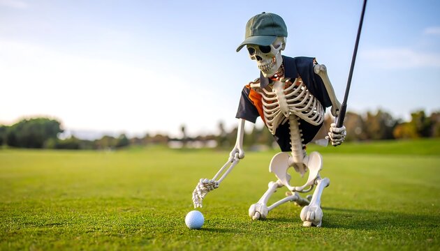 A skeleton golfer kneels on a putting green, preparing to putt a golf ball