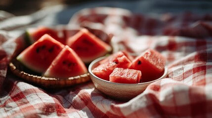 Juicy watermelon slices on a red checkered picnic blanket, perfect for a refreshing summer snack outdoors.