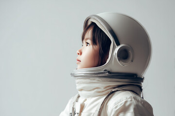 宇宙飛行士のヘルメットを被り上を見上げる子供