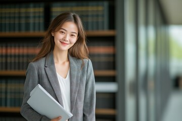 Confident young professional woman in a library environment showcasing expertise