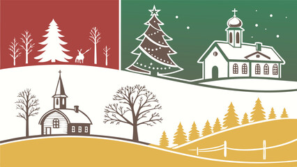 Fototapeta premium Rustic Winter Village Scene: Churches, Christmas Tree, Deer, and Snowy Hills; Warm, Festive, and Peaceful Holiday Illustration; Simple Silhouette Style.