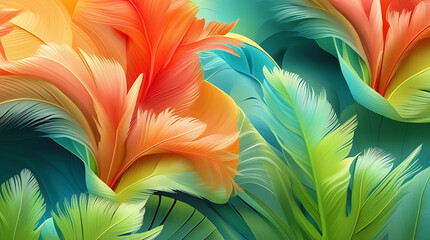 Close-Up Macro of Vibrant Otherworldly Flowers with Ruffled Feathery Petals, Gradient Colors from Fiery Orange to Deep Teal, Soft Diffused Lighting, Painterly Ethereal Style, Dreamlike Detail