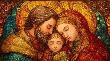 Obraz premium Stained Glass Mosaic of Holy Family – Christian Religious Art in Medieval Style