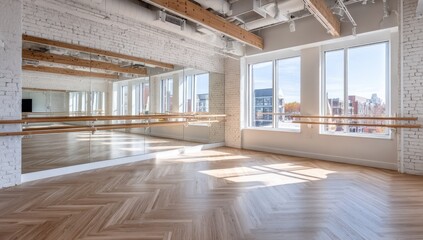 Sunlit dance studio with hardwood floors, barre, mirrors, and exposed beams