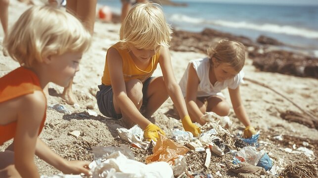 Young volunteers on the beach collect waste to help save the planet - Powered by Adobe