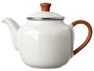 Cream-colored teapot with wooden handle and lid