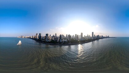 Panoramic coastal city skyline, sunlit, calm sea, single sailboat