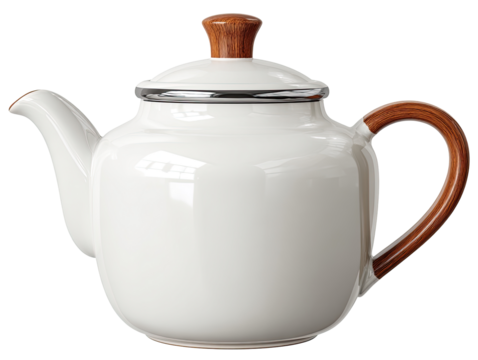 Cream-colored teapot with wooden handle and lid