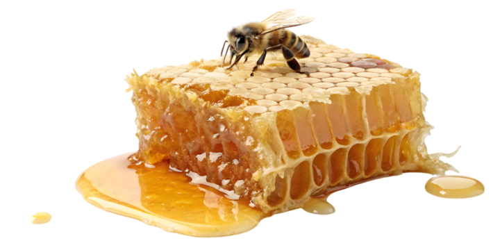 Captivating close-up of a honeybee resting on a dripping honeycomb, showcasing nature's pure sweetness and intricate hexagonal cells, transparent background Png
