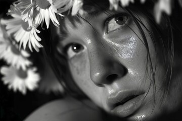 Black-and-White Portrait of a Woman with Daisies in Her Hair