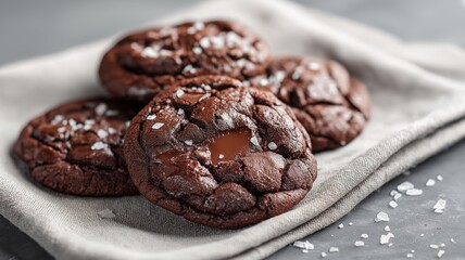 Fototapeta premium Freshly baked chocolate cookies sprinkled with sea salt on a linen napkin ready to be enjoyed.