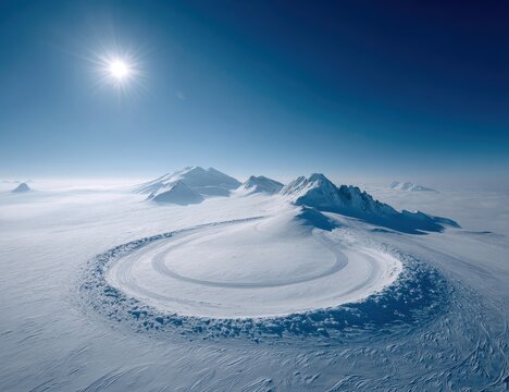 Arctic circle, snow-capped peaks, vast ice plain