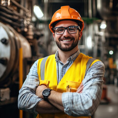Portrait of factory worker. Young handsome factory worker.