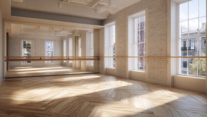 Sunlit dance studio with hardwood floors, barre, and large windows