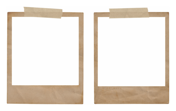 old vintaged used polaroid photo frames with masking tape strips isolated on transparent background, template, extracted, png file