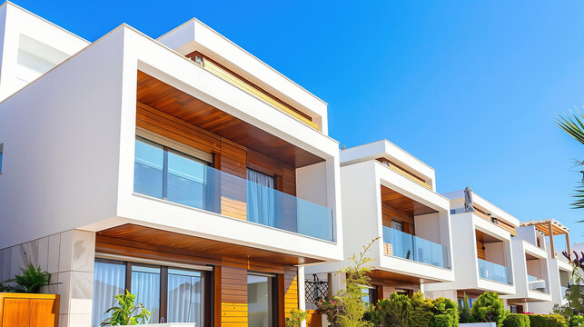 Modern White Houses with Wooden Accents and Balconies on a Sunny Day