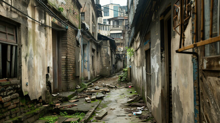 Fototapeta premium Narrow Alleyway in Urban Setting, Weathered Buildings and Ground Debris