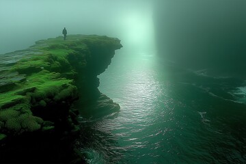 Solitary Figure Standing on a Mossy Cliff Overlooking a Misty Sea