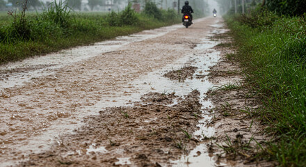 Nature Background Background muddy road after rain with motorcycle passing by in rural area travel adventure scene 90