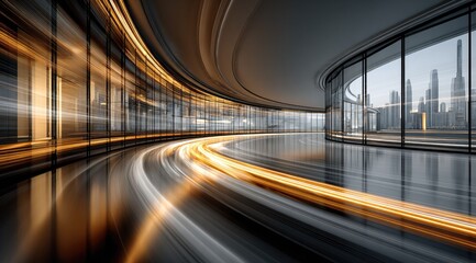 Obraz premium Futuristic circular corridor with city view, light trails