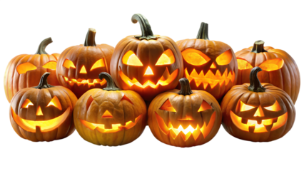 A group of carved halloween pumpkins with scary faces glowing from within, isolated on transparent background