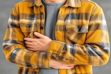 A person wearing a plaid shirt stands with arms crossed over their chest
